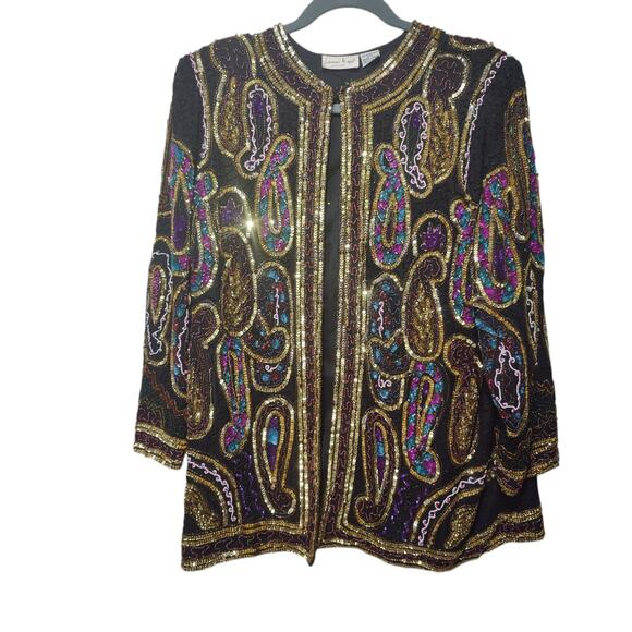 Vintage 80s 90s Laurence Kazar Plus Sz 4X Silk All Over Sequin Paisely Jacket - Picture 1 of 7